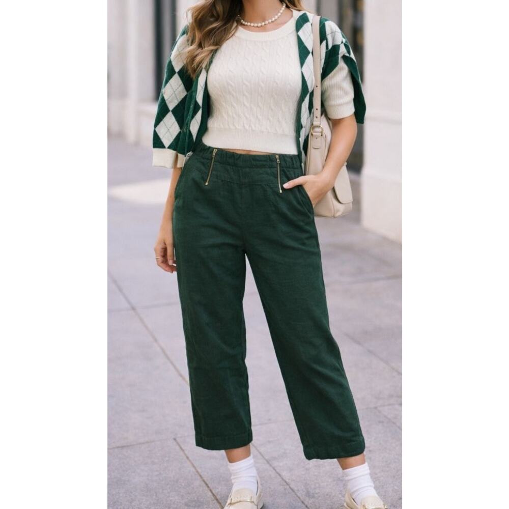 Coolrated Womens High Rise Elastic Waist Linen Pants XXS Green Career Zippers